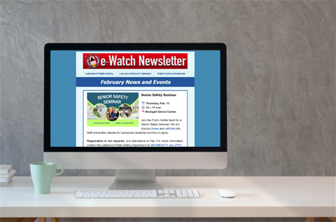 Lakewood E-Watch newsletter on computer monitor